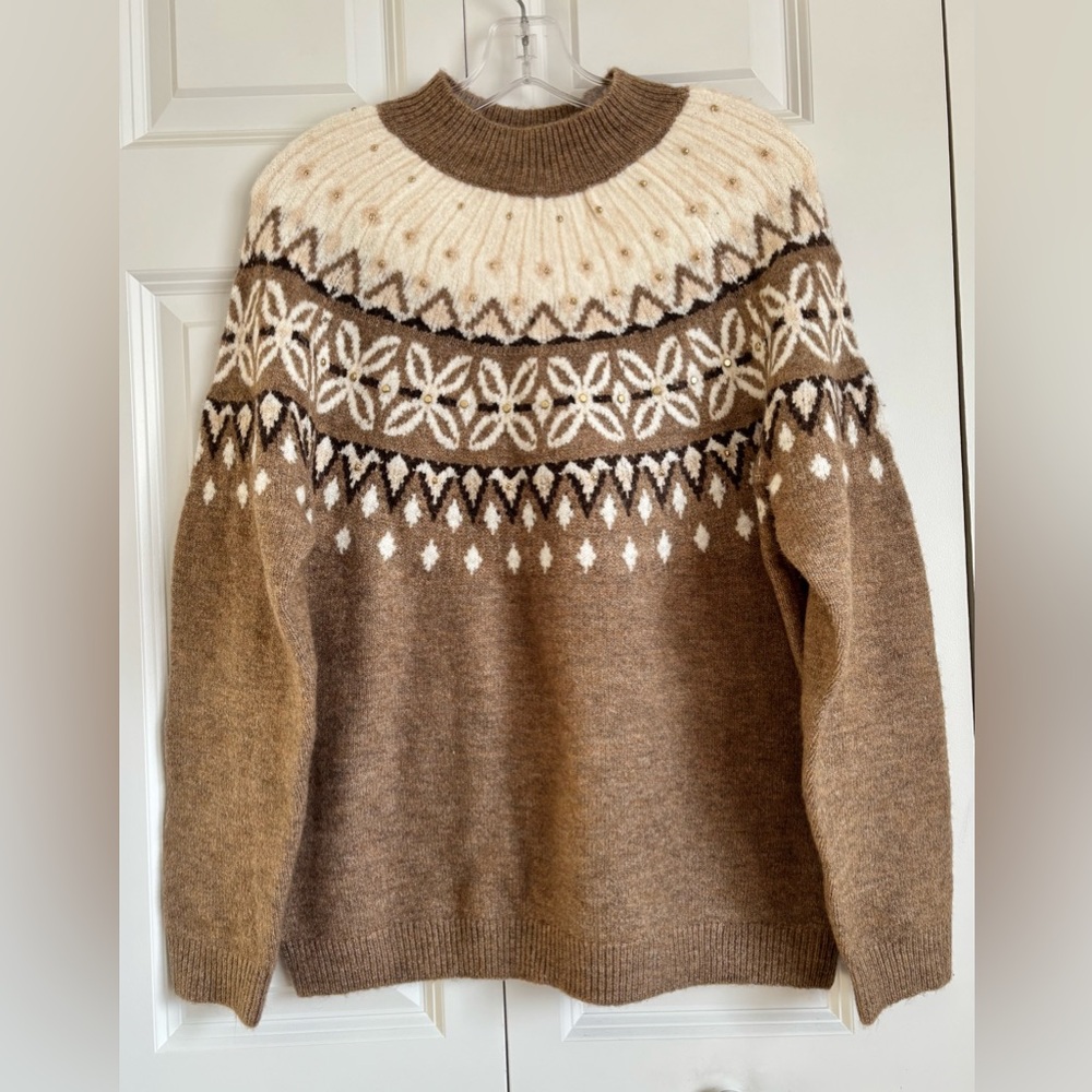 Cozy Brown Fair Isle Wool Sweater with Cream Yoke